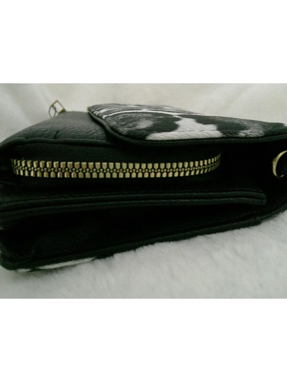 Black and White Leopard Print Crossbody Bag with Gold Zipper